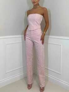 Sequin Denim Tube Crop Top Pants Set Women Sexy Solid Sleeveless Vest High Waist Zipper Jeans Fashion Street Ladies Outfits - 藍色 - 查看 5