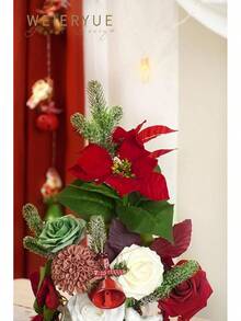 Caja combinada de flores artificiales rosas para decoración de bodas, flores falsas para decoración, flores de seda para decoración de interiores, flores para pastel, flores falsas para manualidades - Feliz Navidad Rojo - Ver 5