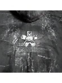 Dark Style Printed Men's Hooded Sweatshirt With Loose Zipper-Opening Front And Long Sleeves Vest