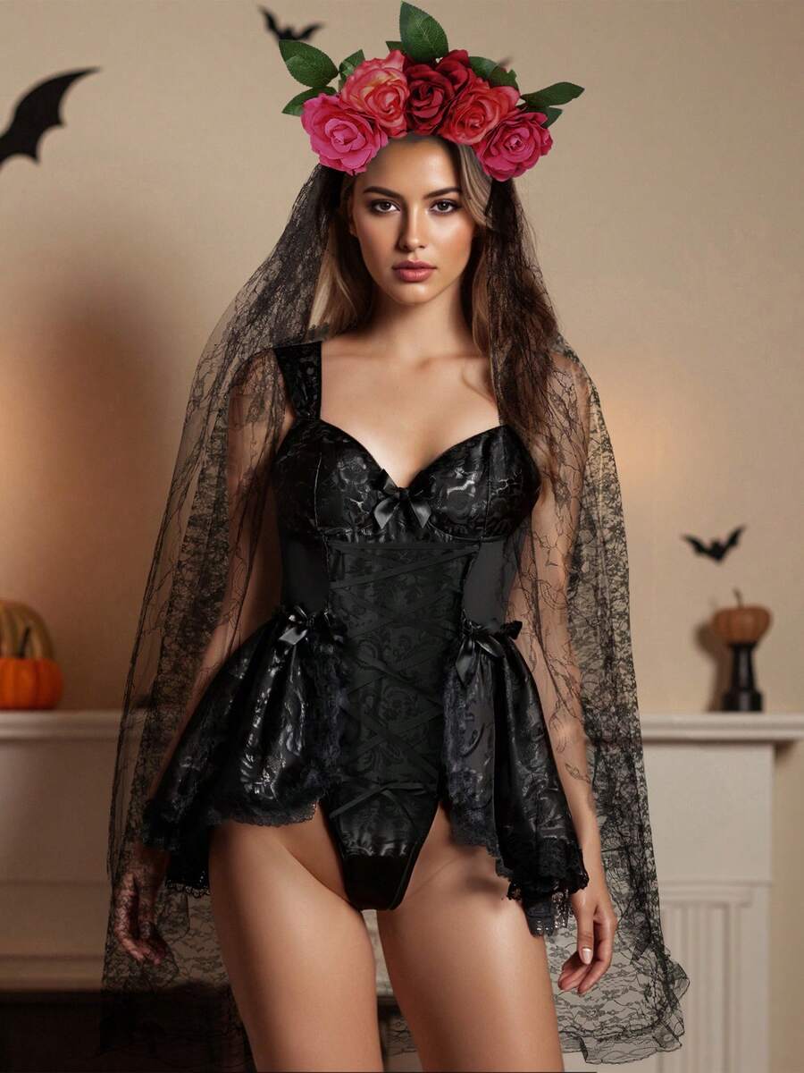 Day Of The Dead Costume For Women Vintage Sleeveless Corset Bodysuit And Veil Flower Headband Set - 黑色 - 查看 1