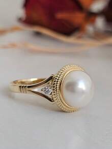 1 chiếc nhẫn cưới nữ, nhẫn ngọc trai giả và đá cubic zirconia tổng hợp tinh tế, món trang sức lãng mạn dành cho cô dâu, lễ đính hôn và tiệc tùng. - Thời trang - Xem 5