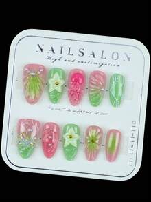 10 片海洋甜心粉色 - 绿色浮雕指甲贴 | 短杏仁假指甲 - 珍珠渐变 3D 花朵压贴 - 适用于指甲，春夏贝壳和水母风格美甲（含美甲工具和配件）美甲用品美甲 - 彩色 - 查看 7