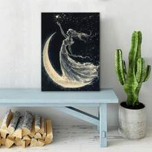 1 Pc Canvas Painting, Retro Moon Goddess Art Canvas Poster - 16x24-Inch Woodblock Oil Painting Print, New Moon And Star Design Suitable For Halloween, Anniversary, Birthday Decoration - Fringed Oil Canvas, Wooden Framed Art,High Quality ,Thickness 2. 25cm/1inch Wall Art Prints Poster Direct Hanging Decor For Home Gifts,Living Room, Bathroom, Bedroom, Kitchen,Bar,Office - 黑色 - 查看 2