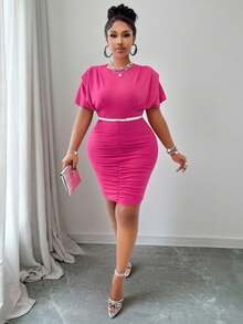 Women's Plus Size Round Neck Padded Shoulder With Ruched Hem Bodycon Dress - Hot Pink - View 7