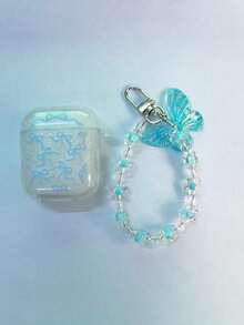 1 pieza Estuche de auriculares a prueba de golpes de TPU con lazo azul, concha brillante y colgante de mariposa, compatible con modelos de auriculares Apple