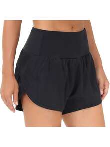 Womens High Waisted Running Shorts Quick Dry Athletic Workout Shorts With Mesh Liner Zipper Pockets - 黑色 - 查看 2
