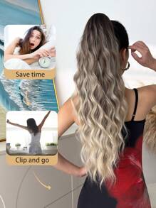 爪形马尾辫接发，渐变色银黑棕 24 英寸长水波纹发丝，耐热纤维合成马尾辫，适合女士和女孩在派对上日常使用 - 漸層棕色 - 查看 10