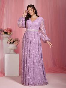 Elisanya Anpoket Romantic Plus Size Purple Prom Dress With Bishop Sleeves Deep V Neck And Pearl Details