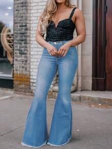 Large Elastic Flared Pants, Casual Flared Pants, Fashionable Daily Pants, Women's Clothing - Màu xanh lam - Xem 1