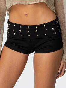 Womens Y2k Grunge Mini Shorts Fold Over Low Rise Studded Rivet Rave Concert Club Punk Goth Micro Bottoms Casual Slim Fit Stretchy Yoga Shorts Loungewear - Black - View 2