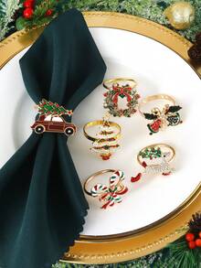 Juego de 2-6 anillos para servilletas navideñas, con diseños de renos, árboles de Navidad, coronas doradas vintage, bastones de caramelo, para decoración de mesa navideña, anillos para servilletas de fiesta de Navidad - Multicolor - Ver 5