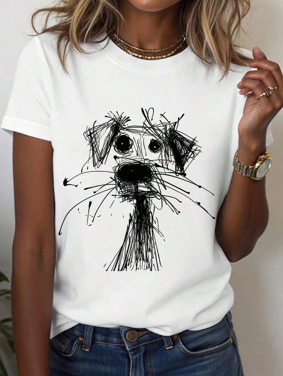 Women's Casual Round Neck Abstract Dog Doodle Print Short Sleeve T-Shirt, Versatile For Summer - 白色 - 查看 1