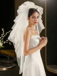 1 件白色女士面纱，多层硬网蓬蓬薄纱面纱，摄影工作室道具适合婚礼、派对、表演、角色扮演、旅行摄影，优雅复古风格带发梳，长度 100 厘米，腰臀长度，简约短款面纱秋季女士服装 - 白色 - 查看 9