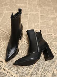 2025 Autumn New Black Versatile Elegant Punk European & American Style Women's Thick Heel High Heel Pointed Toe Ankle Boots, Fashion Ankle Boots For Autumn/Winter - Black - View 1