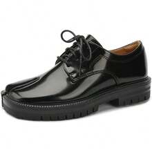 Split Toe Loafers For Women Tabi Shoes Platform Chunky Heel Loafers Lace Up Business Casual Black Leather Shoes - 黑色 - 查看 9