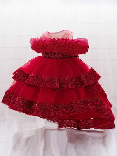 Baby Girls Sequin Tulle Cute Flower Girl Wedding Train Dress, Suitable For Party, Birthday, Outing, Does Not Include Headband