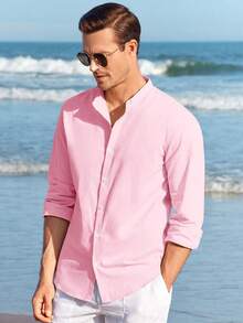 Runcati Men Linen Shirt Button Down Long Sleeve Cotton Beach Band Collar Casual Summer Shirts - Hồng - Xem 3