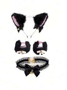 猫咪角色扮演服装 - 2/3/4 件猫耳和尾巴套装，带项圈爪子手套猫咪角色扮演服装配饰小猫耳朵项圈尾巴 R 爪子或女士女孩万圣节装扮