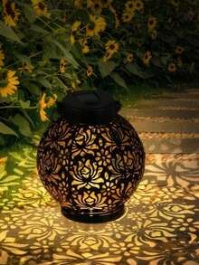 1 pieza Farol solar con patrón de peonía en negro y dorado, luz decorativa colgante para exteriores, lámpara de mesa para exteriores, adecuada para decoración de jardín/patio/mesa/porche