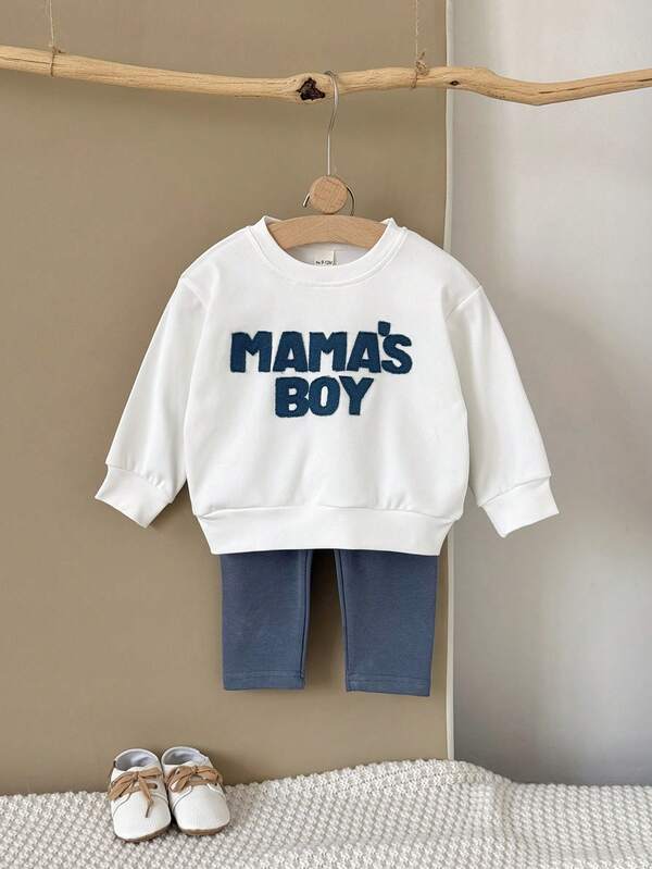 2pcs/Set Baby Boy Casual Letter Patchwork Long Sleeve Sweatshirt + Pants, Spring/Summer