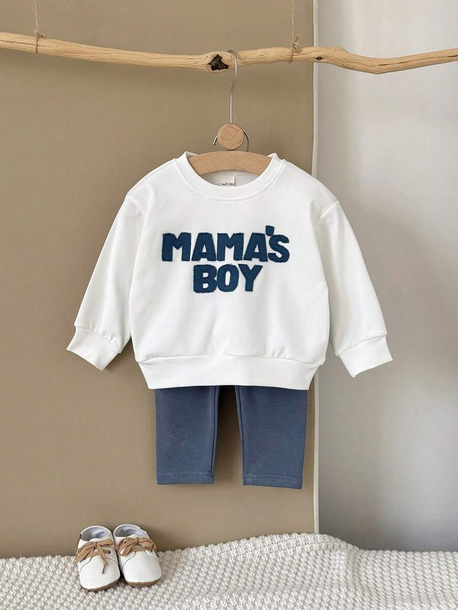 2pcs/Set Baby Boy Casual Letter Patchwork Long Sleeve Sweatshirt + Pants, Spring/Summer