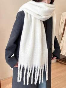 1pc Modern Minimalist Solid Color Fluffy Tassel Warm And Comfortable Shawl Scarf For Women, Suitable For Daily Outings, Commuting, Parties, Leisure, Balls, And Other Occasions, Fashionable And Elegant Women's Accessory - Army Green - View 5