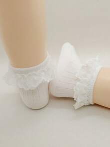 3 Pairs New White Lace Trim Socks, Lolita Style Lace Ankle Socks, School Season Academy Style Baby Girl Socks - White - View 5