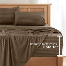 Lux Decor 4 Pc Stripe Bed Sheets High GSM Brushed Microfiber Sheets - Elevate Your Sleep Experience With Deep Pocket Bedding Sheets & Pillowcases-Graduation Gifts, Home Decor, Back-To-School Gift, Valentine's Day Bedroom, Spring Bedding Refresh, Guest Room Essentials, Dorm Room Bedding, Premium Bed Linens, Easy Care Sheets, Hypoallergenic Fabric, Year-Round Comfort, Master Bedroom Update, Matching Bedding Set, Hotel Quality Linens, Everyday Use, Classic Look, Home Basic - 棕色 - 查看 4
