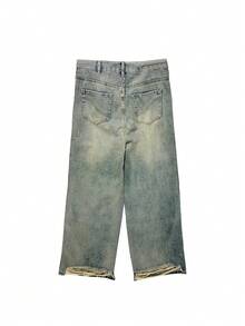 休闲水洗破洞阔腿牛仔裤 - 藍色 - 查看 9