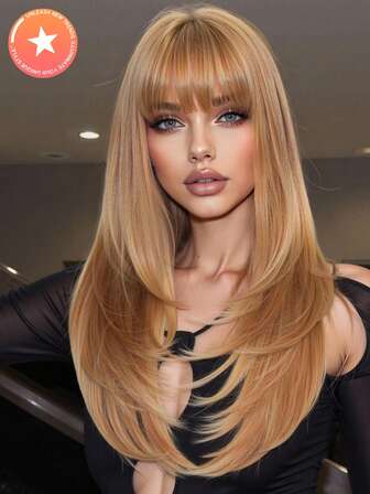 24 英寸金色高级长直发合成耐热纤维假发带刘海适合女士日常派对圣诞节、万圣节佩戴