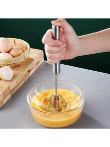 1pc Manual Stainless Steel Milk Frother, Semi-Automatic Egg Beater, Batter Mixer, Kitchen Tool For Stirring, Whipping, Blending, Mixing, Commercial Food Processing Equipment, Household Kitchen Accessory, Convenient Breakfast Supplies, Family Dinner Supplies, Party Supplies