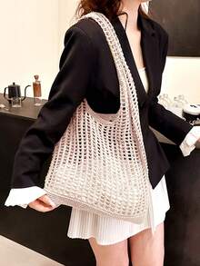 Yogodlns 时尚钩编包，女士夏季沙滩手提包，时尚手提包，波西米亚风钩编单肩包，镂空钩编单肩包，腋下包，大容量钩编包，购物手提包，休闲沙滩包，通勤包，波西米亚风女装 - 米色 - 查看 2