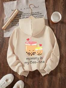 1 chiếc áo nỉ hoodie bé gái tuổi teen in họa tiết trà sữa ngọc trai dễ thương, ấm áp, mềm mại thoải mái, mặc thường ngày phong cách casual cho mùa xuân và mùa thu - Màu be - Xem 3