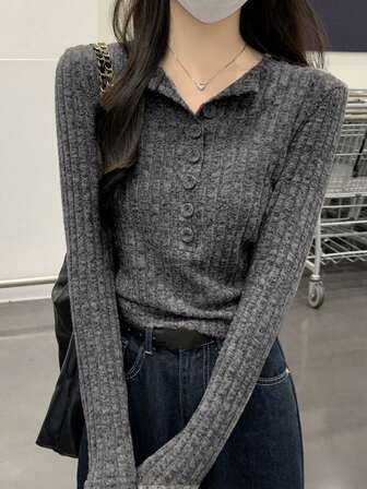 韩版修身罗纹纽扣装饰保暖打底T恤女上衣