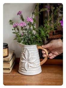 1 pieza Jarrón de cerámica blanca de 6 pulgadas, adecuado para flores, tulipanes y juncos, jarrón con estilo rústico en relieve, se puede usar como decoración de mesa, hogar, sala de estar, comedor, decoración de oficina