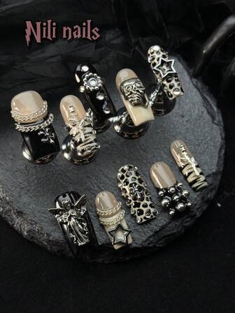 Söt Halloween-nagelkonst-look med 10 st handgjorda akrylpress-on-naglar, medelstora fyrkantiga naglar, beige och svarta franska tip-naglar, handritade leopard- och asymmetriska ränder, 3D-spökansikte, ros- och stjärnnagelberlocker, lösnagelset med gratis gelfil