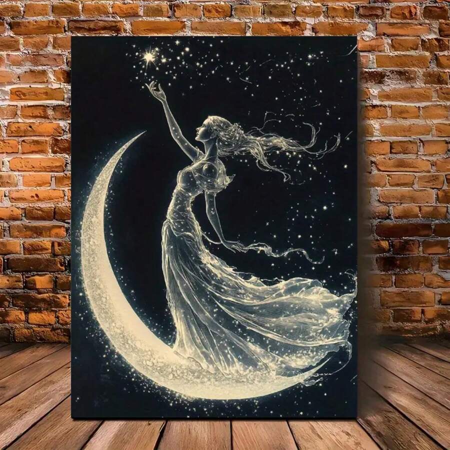 1 Pc Canvas Painting, Retro Moon Goddess Art Canvas Poster - 16x24-Inch Woodblock Oil Painting Print, New Moon And Star Design Suitable For Halloween, Anniversary, Birthday Decoration - Fringed Oil Canvas, Wooden Framed Art,High Quality ,Thickness 2. 25cm/1inch Wall Art Prints Poster Direct Hanging Decor For Home Gifts,Living Room, Bathroom, Bedroom, Kitchen,Bar,Office - 黑色 - 查看 1