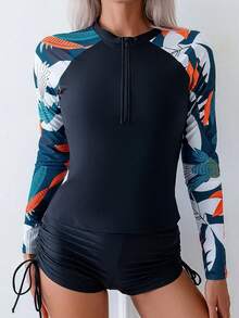 2 Piece Zipper Set, Botanical Print Outfit, Tropical Beach Swimwear - Blue - View 3