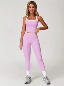 MASKERT 女士运动套装（两件套），背心和紧身裤，健身瑜伽运动服，紧身弹力跑步运动服，舒适亲肤，适合休闲和居家穿着。 - 粉色 - 查看 4