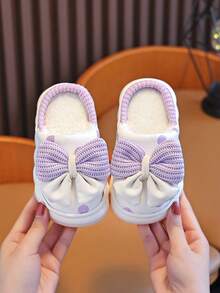 1 par de pantuflas de invierno con peluche para niños, pantuflas lindas y cálidas para niñas pequeñas, cómodas, impermeables y antideslizantes, con diseño de lazo delicado para pequeñas princesas - Morado - Ver 8
