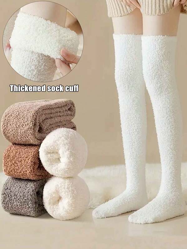 1双珊瑚绒女士过膝袜，冬季雪绒保暖袜，不掉毛，加厚保暖涤纶针织面料，蓬松舒适地板袜，仅限手洗，Y2K，舒适袜子
