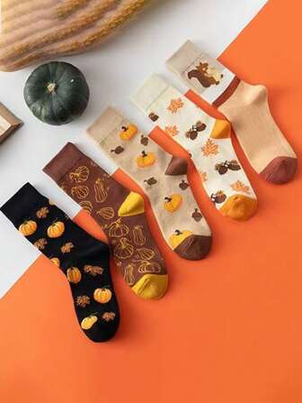 1/2/5 双随机女士万圣节袜子，个性化南瓜松鼠卡通运动情侣中筒袜，舒适百搭日常穿着，适合作为礼物，万圣节礼物，秋季袜子