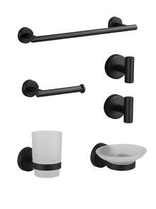 Juego de colgadores de almacenamiento para baño - Kit de colgadores para baño - Toallero de acero inoxidable negro - Gancho multifuncional - Estante para papel higiénico - Vaso de lavado de vidrio - 1 pieza