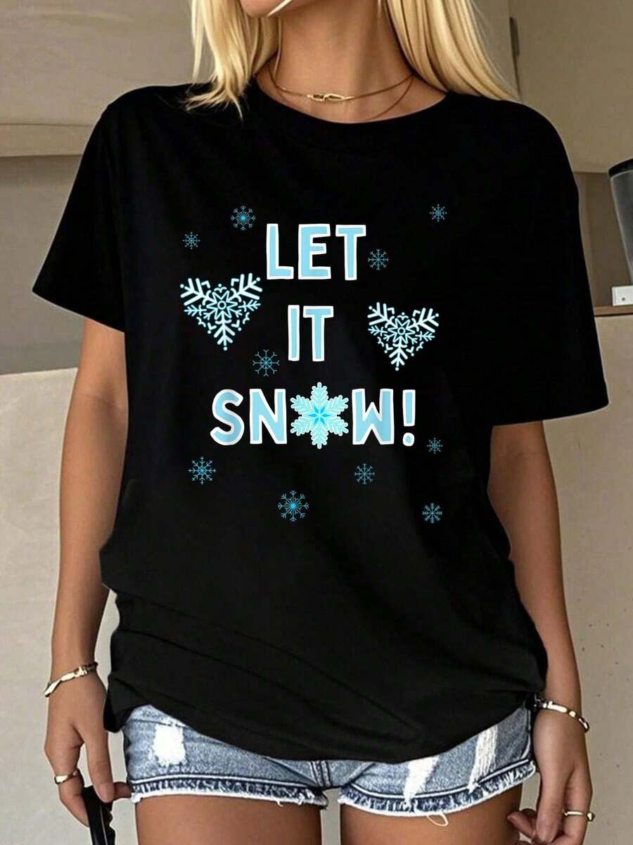 Cute Frozen Snowflakes Heart - Let It Snow Winter Christmas T-Shirt Graphic Tees Women Summer Tops Round Neck T Shirt 100%Cotton Women Clothing Summer Outfits For Women Fall Women Clothes Tops For Women Black T Shirt - 黑色 - 查看 1