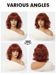 Reddish Brown Short Curly Bob Wigs With Bangs For Women 12 Inch Synthetic Curly Bob Wig For Girl Natural Looking Summer Daily Party Cosplay Use For Halloween And Christmas New Year Carnival Music Festival Cosplay ,Gifts For Girls,Summer Graduation Gifts,Ready-Made Gifts,Halloween Christmas Gifts - Reddish Brown - 查看 8