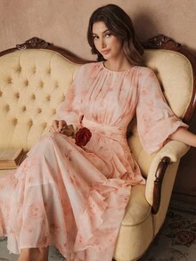 Savoree Váy voan satin tay đèn lồng họa tiết hoa màu hồng dáng chữ A, nhún bèo eo thanh lịch dành cho nữ, mùa xuân/lễ Phục sinh - Xem 1