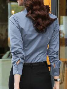女式 V 领短袖灰蓝色商务衬衫、专业正式工作服衬衫、长袖衬衫上衣 - 藍灰色 - 查看 2