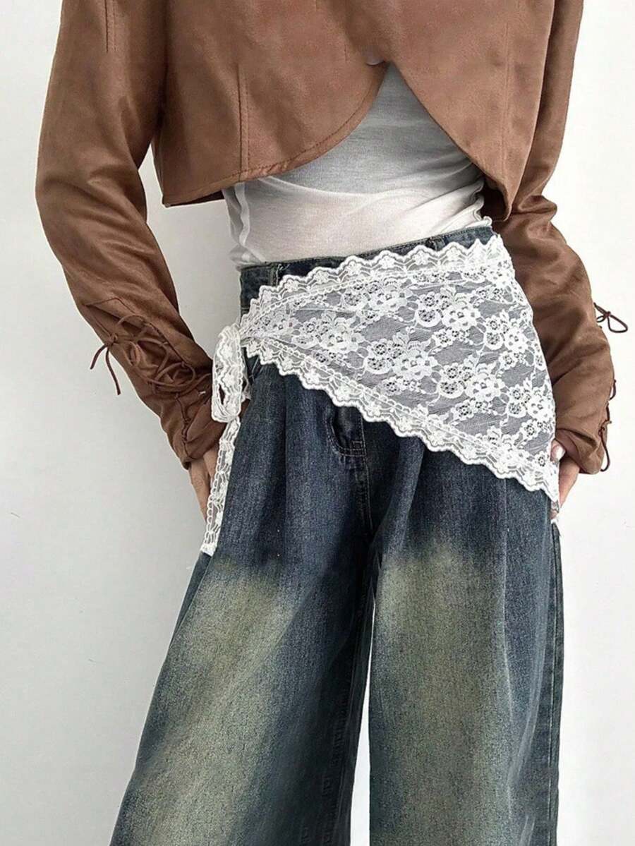 1件装【法式蕾丝头巾】纯色法式甜美蕾丝三角头巾，带可转换腰带 | 女士，适合四季各种场合 | 渐变蕾丝帘，春夏头巾装饰，蕾丝腰带（头巾和腰带两用，适合腰围约66厘米）