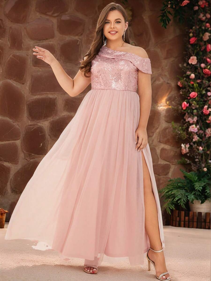 Talla grande Vestido de dama de honor de cuello asimétrico de muslo con abertura con lentejuelas de malla formal - Rosa coral - Ver 1