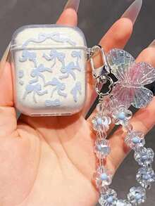 1 pieza Estuche de auriculares a prueba de golpes de TPU con lazo azul, concha brillante y colgante de mariposa, compatible con modelos de auriculares Apple